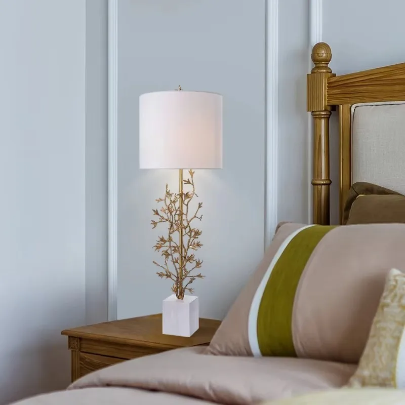 Designer Solid Brass Branch Leaves White Marble Base Beige Drum Shadow Restaurant Desk Lamp