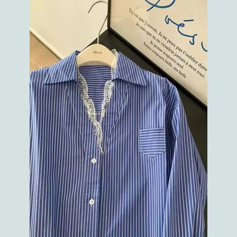 2025 bleu rayé dentelle bord col en V boutonné chemises femmes chemises à manches longues Camisas De Mujer printemps mode coréenne chemise décontractée