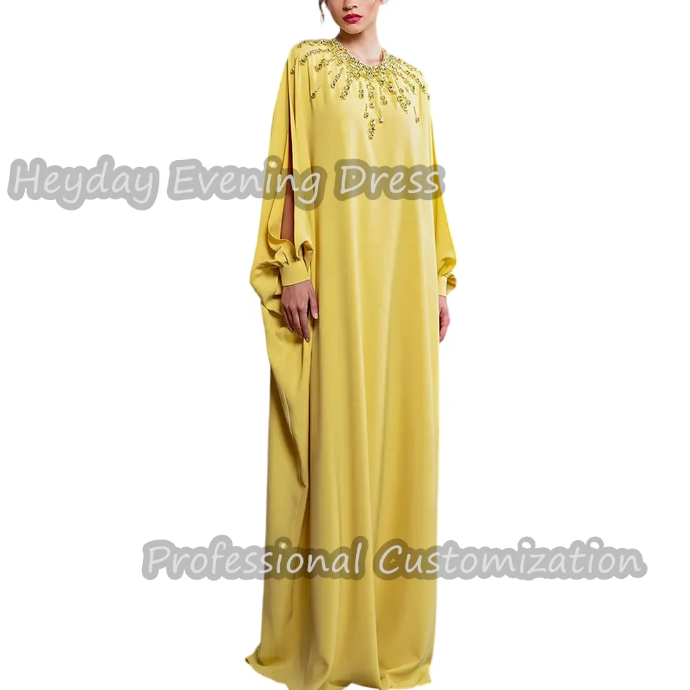 Heyday O-Neck Saudi Beaded Prom Party Gown Crepe Long Sleeves Floor Length Straight Elegant Sexy Dress For luxurious Woman 2024