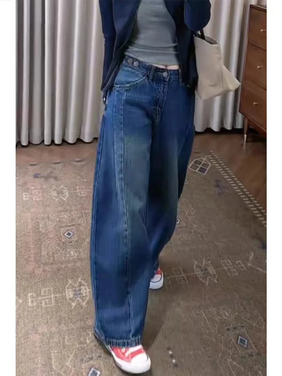 High Waist Loose Fit American Style Denim Jeans for Women Autumn New plus Size Straight Leg Wide Leg Pants Slimming Effect