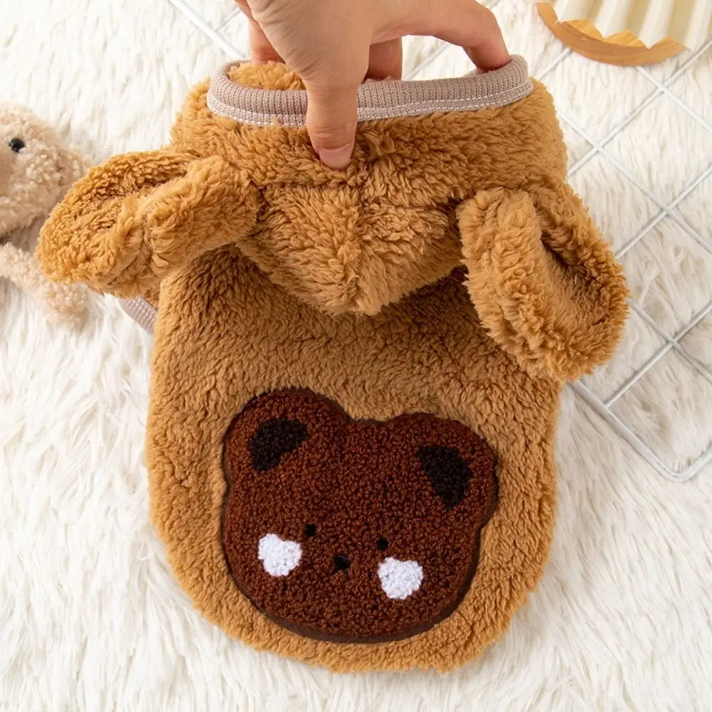 Pet Apparel Cat Autumn Winter Plush Thickened Warm Little Bear Head Coat Hoodie With Drawstring Buckle For Small Medium Dogs