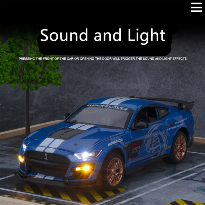 1:24 Ford Mustang Shelby GT500 Alloy Sports Car Model Diecast Metal Toy Car Model High Simulation Sound and Light Childrens Gift