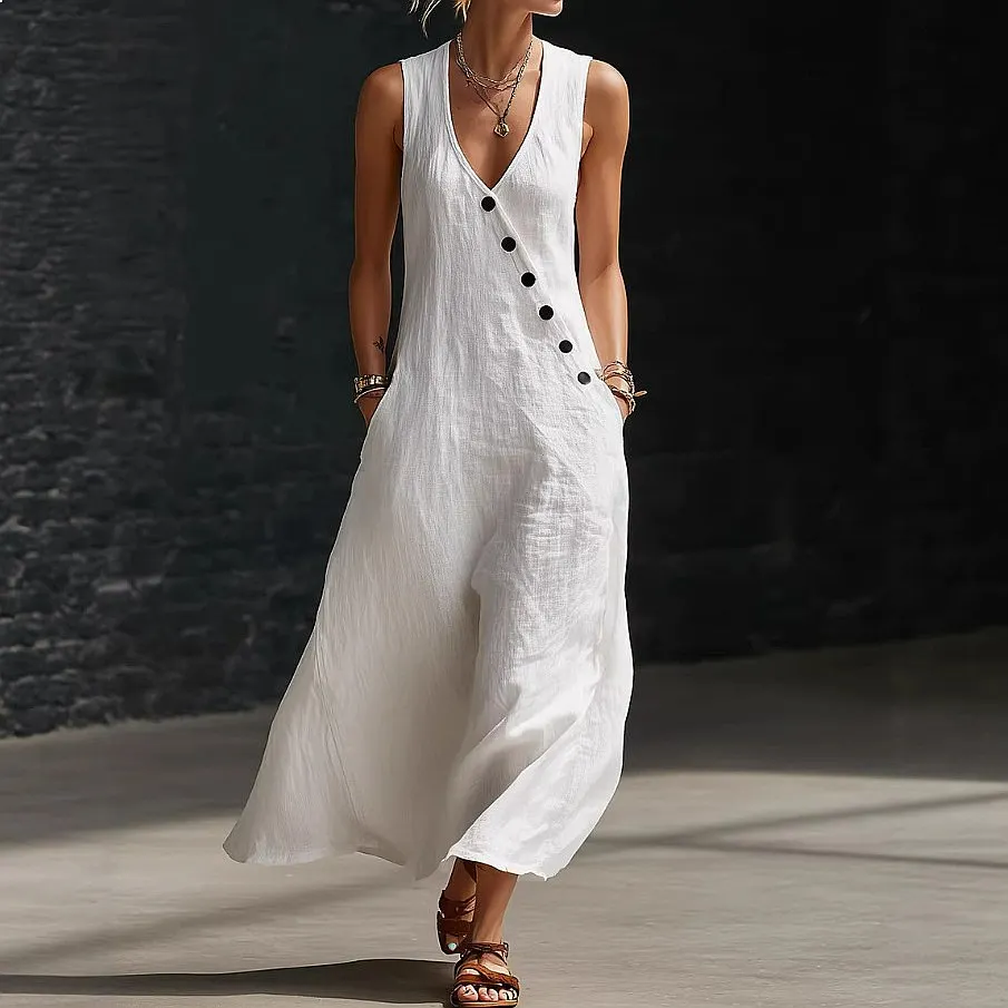 

Spring Summer Women V Neck Sleeveless Vest Dress Long Maxi Dress Casual Holiday Overall Jumpsuit Playsuit