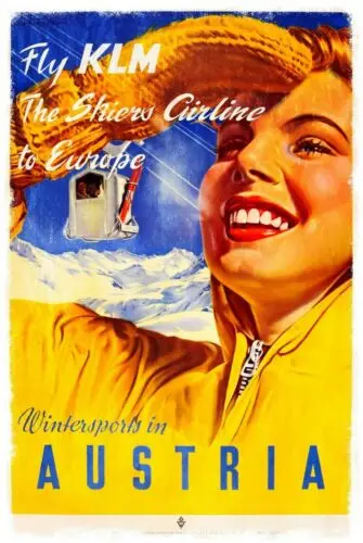 Austria Ski Travel KLM Advert Retro Style Metal Plaque Sign, holiday winter sign
