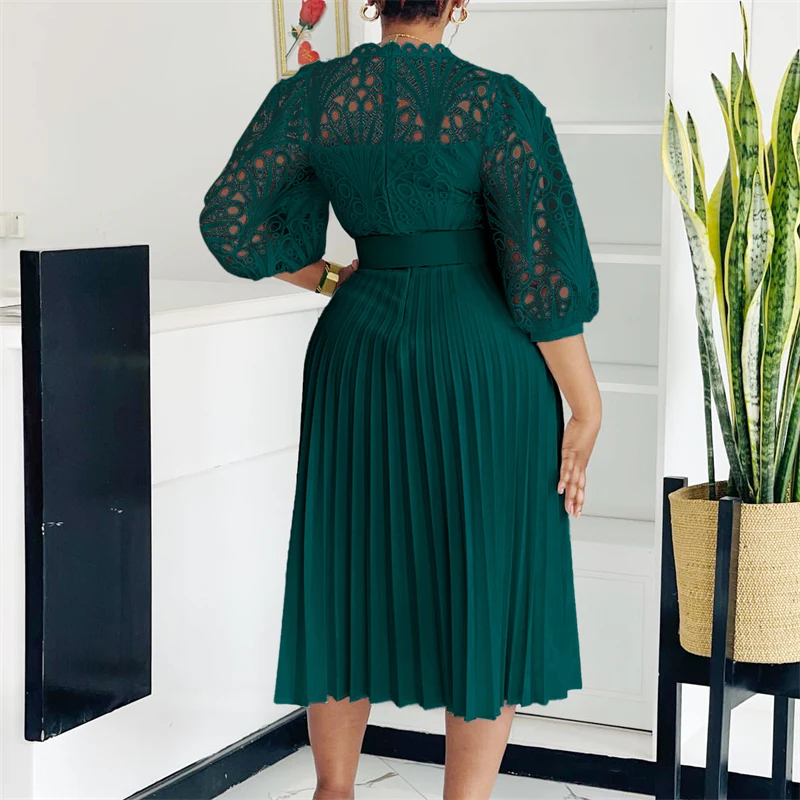 Seksowna Sukienka na Bal Urodzinowy dla Celebrytek z Bufiastymi Rękawami i Dekoltem O, Elegancka Sukienka Koronkowa z Kwiatowym Wzorem na Imprezę, do Klubu, na Noc, z Plisami i Ażurowymi Wstawkami