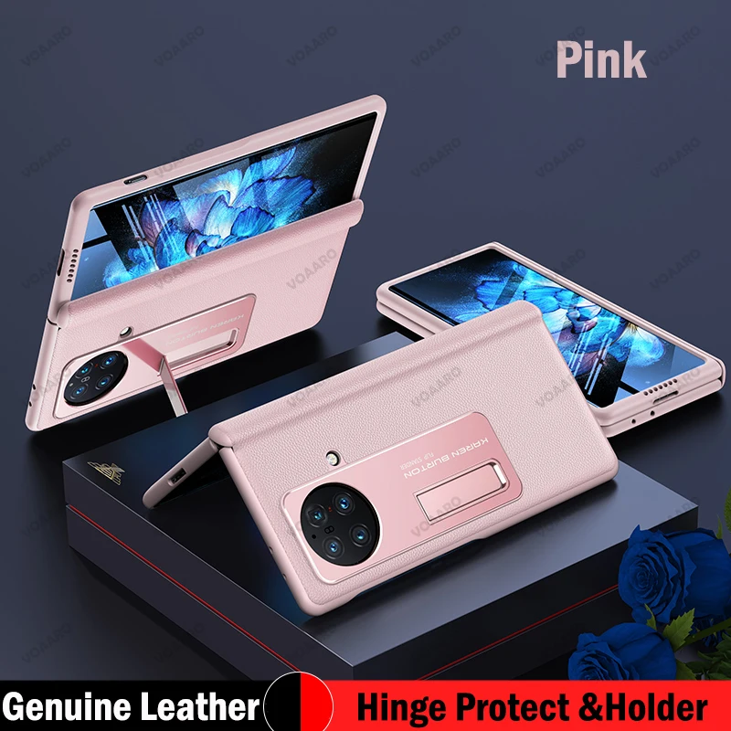 Genuine Leather Hinge Capa for Vivo X Fold Case with Front Screen Glass Film for