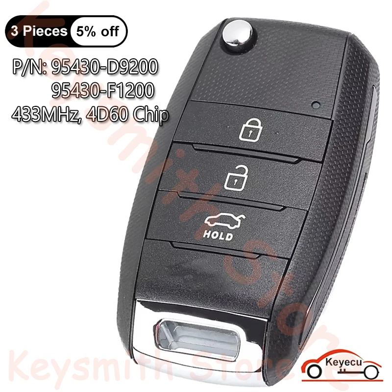 KEYECU 3 Buttons 433MHz 4D60 Chip for Kia Sportage 2016 2017 2018 2019 Auto Upgraded Flip Remote Key Fob 95430-D9200 95430-F1200