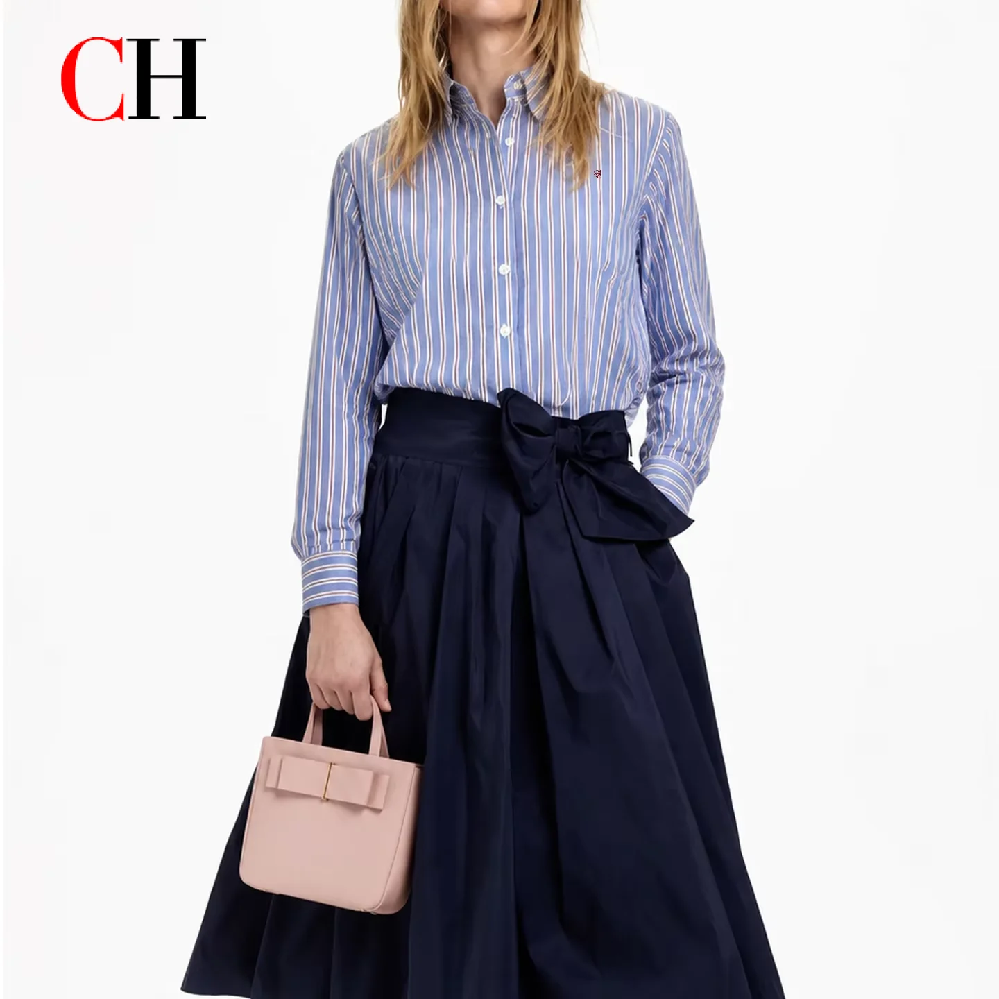 

CH Stripe Embroidered Long Sleeve Shirt Women Straight Fit Button Down Collar Soft Touch Elegant Casual Daily Tops