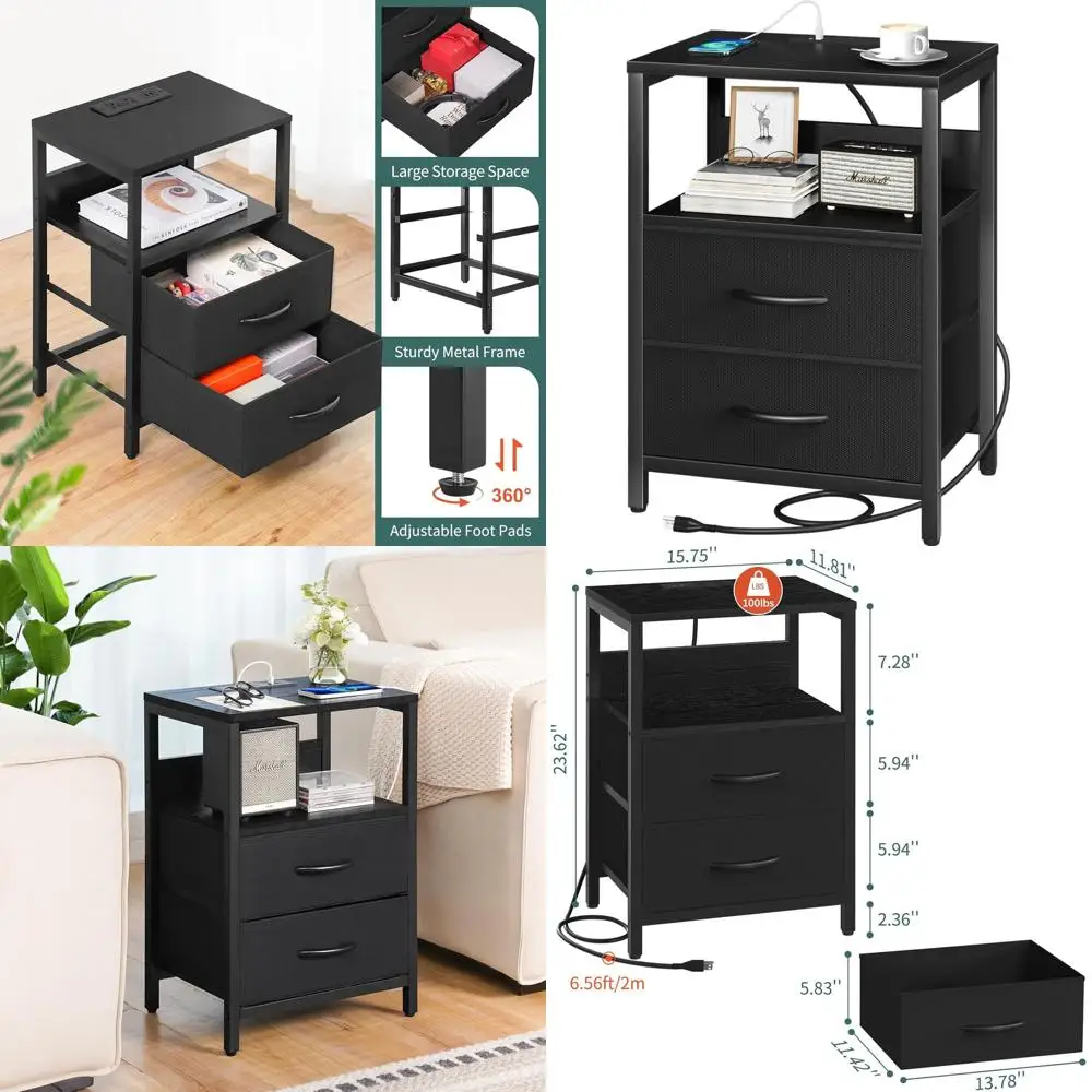 

Тумбочка с зарядной станцией, небольшая прикроватная тумбочка с тканевыми ящиками и полкой для хранения для спальни, тумбочки для маленьких спален