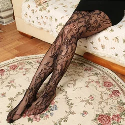 Black Hollowed Out Lace Mesh Pantyhose Floral Rattan Bottomed Stockings Tights