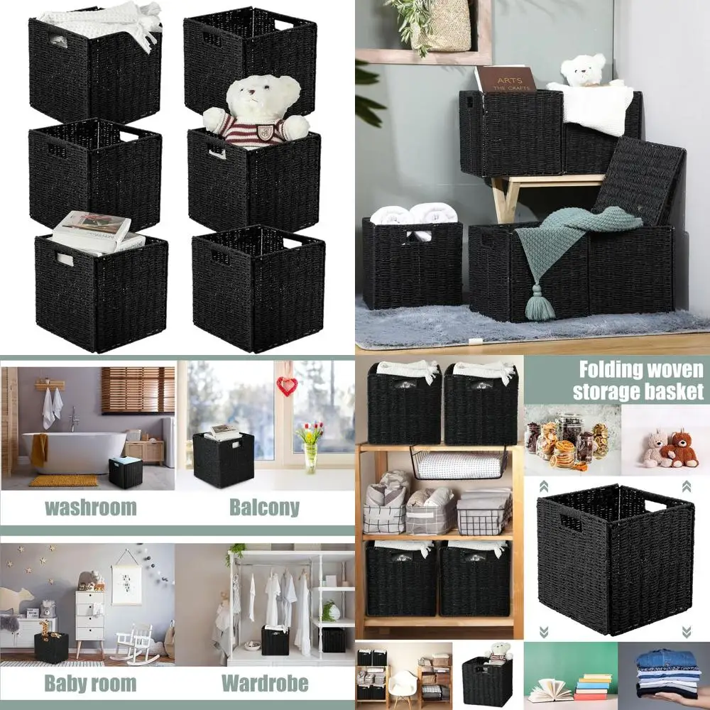 

Large Foldable Wicker Storage Cubes - 6 Pack, 11x11x11 Inches, Ideal for Pantry, Laundry, Bedroom, Living Room (Black)