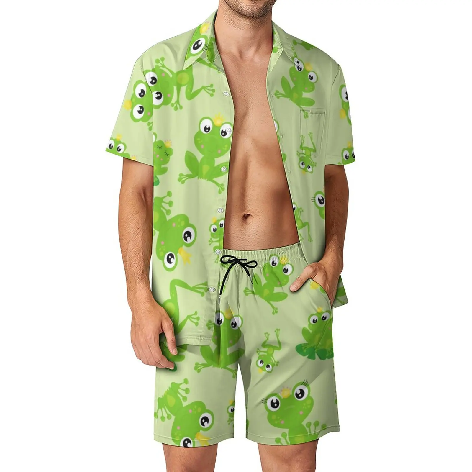 Frog Prince Beachwear Men Sets Cute Animal Print Casual Shirt Set Summer Shorts 2 Piece Retro Suit Plus Size