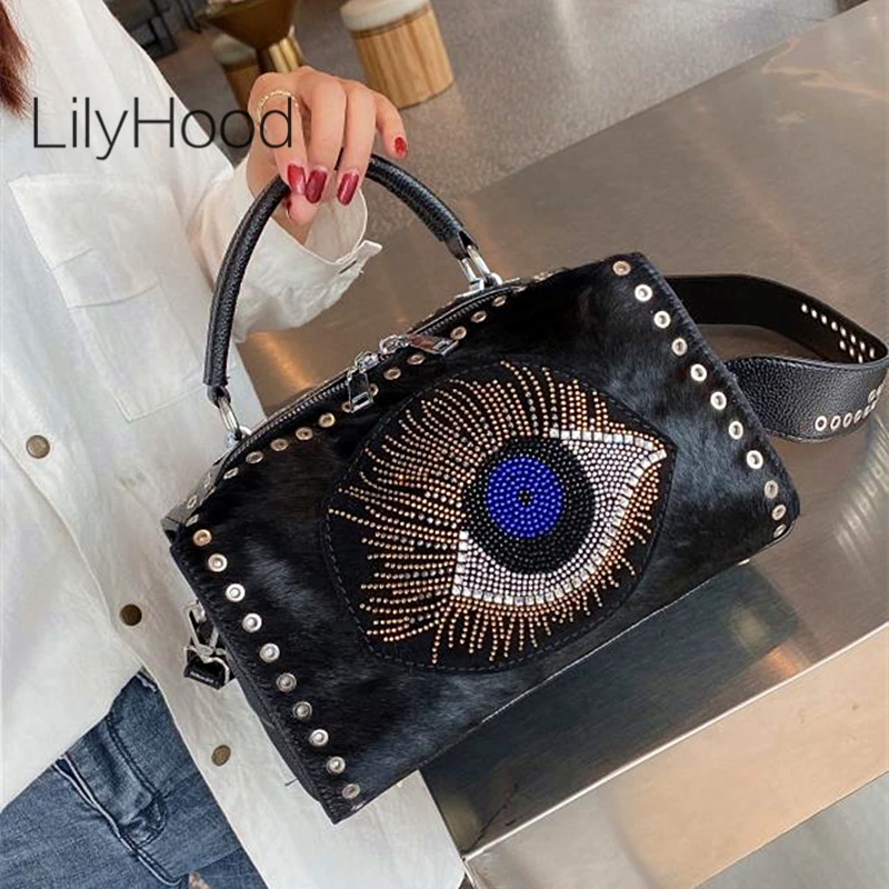 Female Real Horse Hair Shiny Evil Eyes Rhinestone Boston Side Bag Fashion Stylish Vegan Leather Big Capacity Short Handle Bag