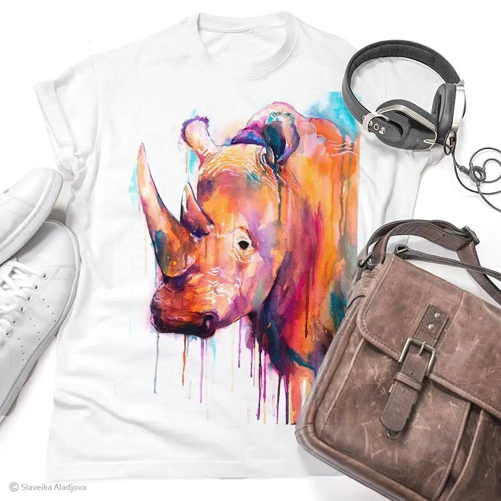 Colorful Rhino T Shirt Ring Spun Cotton 100 Watercolor Print Art Animal Xs S M L Xl Xxl