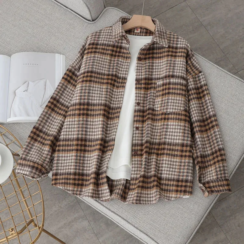 Fall Retro Plaid Shirts Loose Turndown Collar Single Breasted Casual Blouse Bf Korean Preppy Warm Long Sleeve All Match Tops New