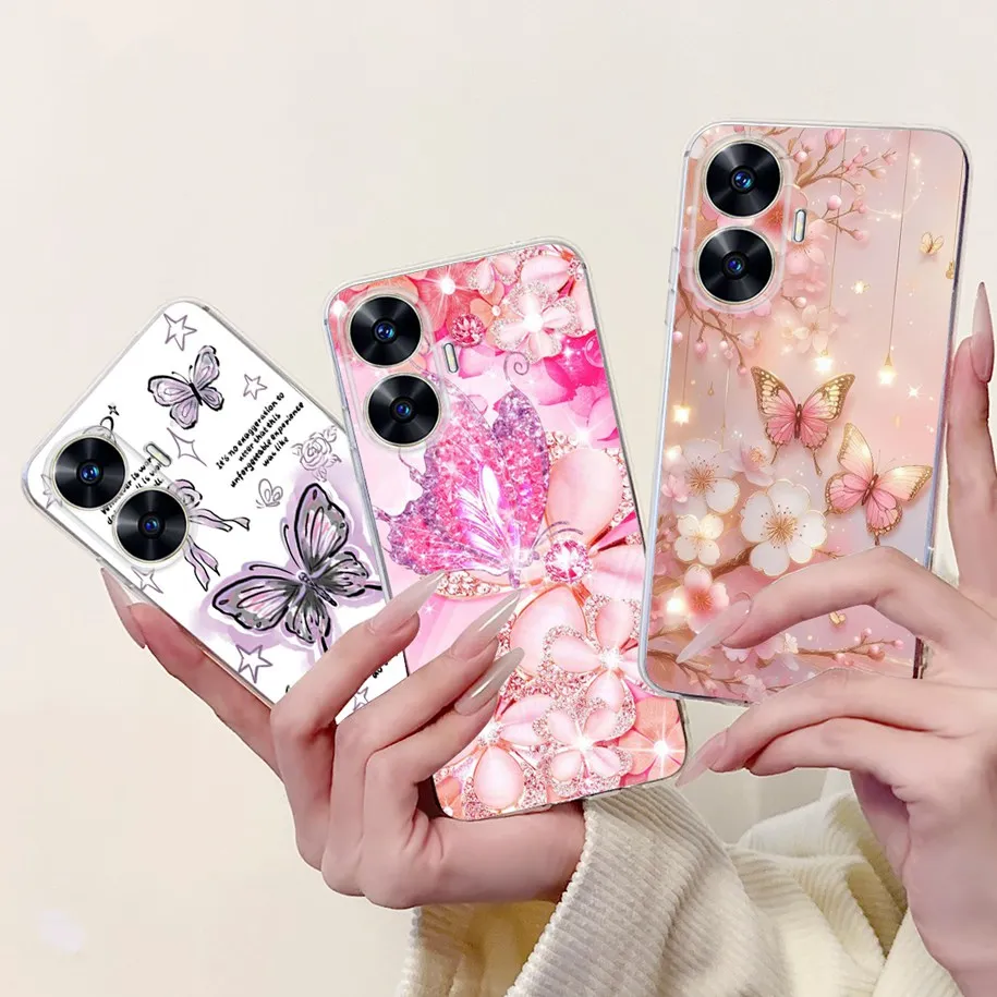 For Realme C55 4G Case RMX3710 Cover Popular Flower Butterfly Clear Silicone Soft Slim Phone Case For RealmeC55 Narzo N55 Bumper