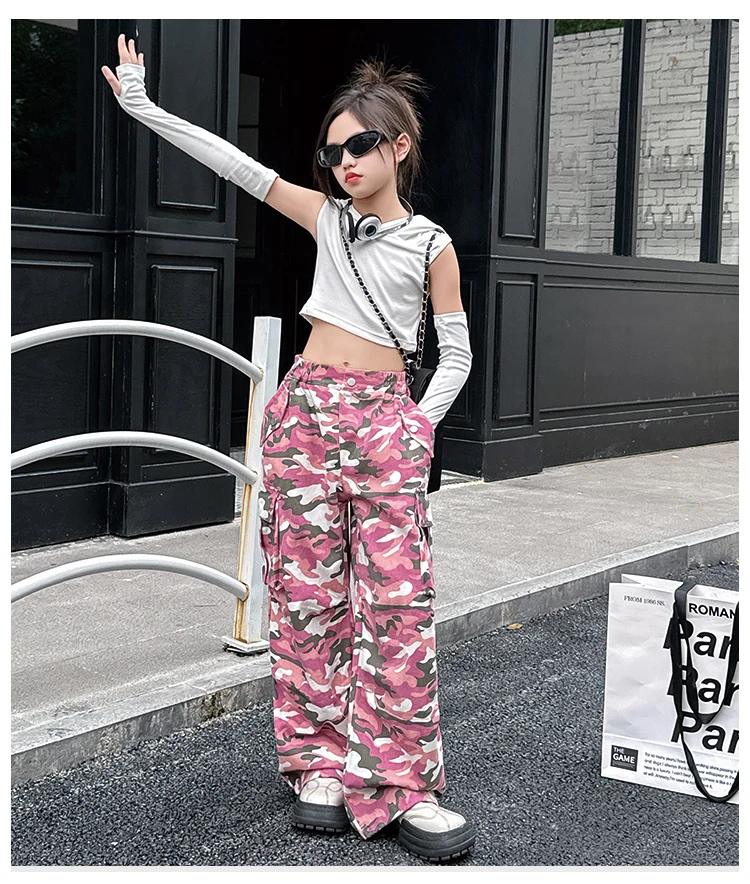 Koreanische Kinder-Cargo-Hose in Rosa Camouflage für Frühling und Herbst, lässige Hose mit elastischem Bund und Taschen für Teenager-Mädchen, Streetwear-Hose für Teenager. – Detail 6