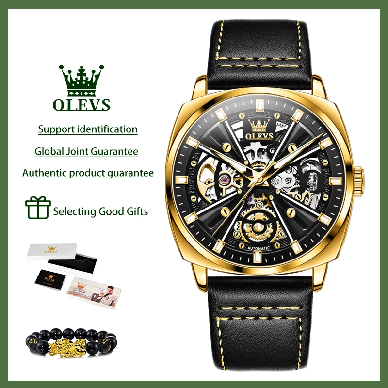 

OLEVS Luxury Fully Automatic Mechanical Watch Leather Strap Men's Watches Tonneau Waterproof Domineering Original Male Watch