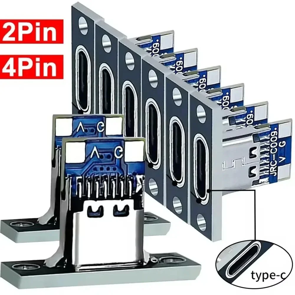 Conector Fêmea Tipo-C 2/4 Pinos para Celulares, Computadores e Tablets, Porta de Carregamento USB 3.1 Tipo C com Placa de Fixação, Jack USB-C