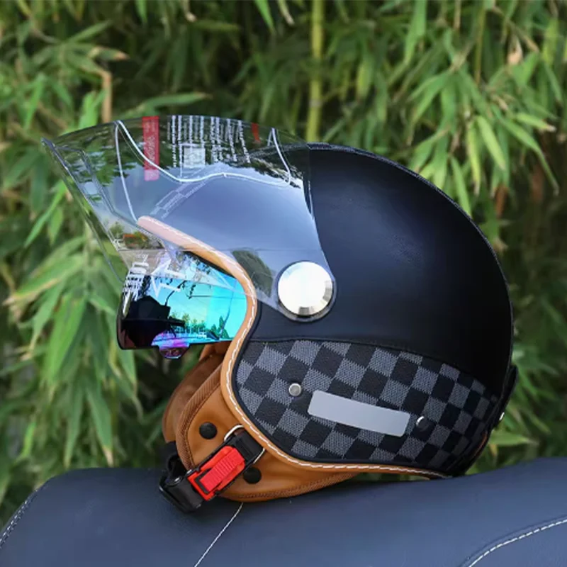 

Retro motorcycle three-quarter helmet, double-lens electric bike helmet, suitable for men women throughout the four seasons
