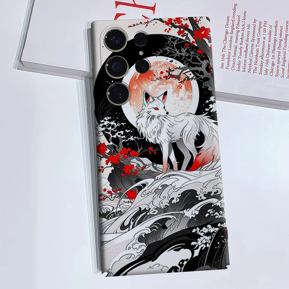 Ukiyo-e White Fox Phone Case for Samsung Galaxy S26 S25 S24 S23 Ultra Plus Luxury Double-layer anti-fall Back Cover