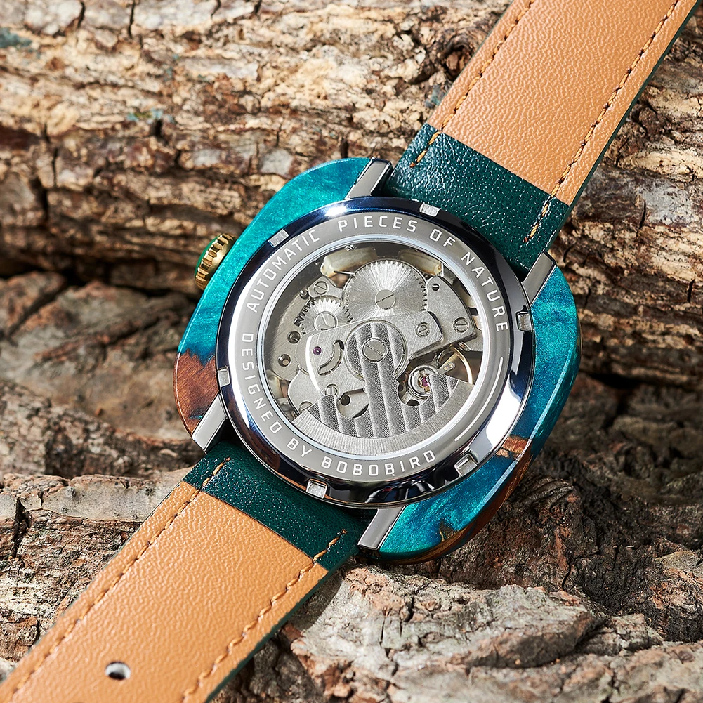 Bobo Vogel mechanische Uhr Herren Leder uhren hand gefertigte Harz Uhren angepasst in Holz Geschenk box Reloj Hombre Drops hip