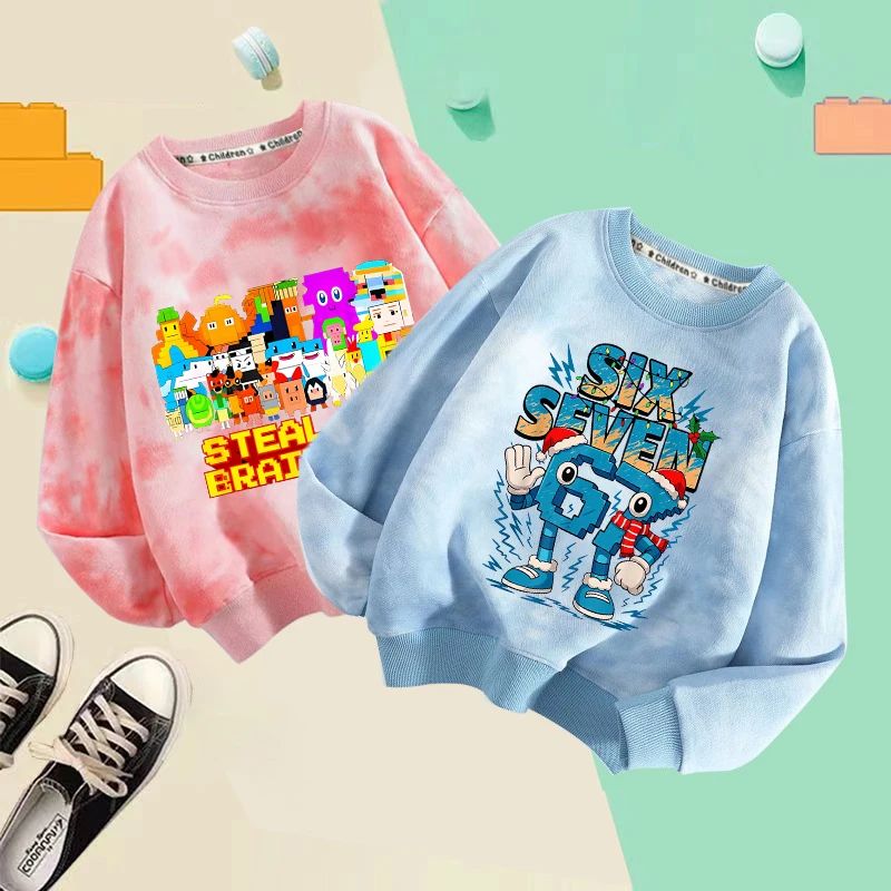 

67 Boy Girl Tie-dyed Sweatshirts Steal A Brainrot Children Round Neck Hoodie Six Seven Pullover Fashion Tops Winter Clothe Gift