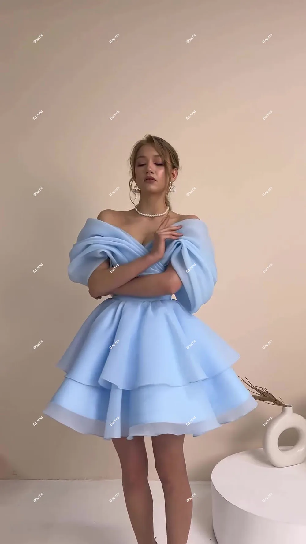 Booma Light Blue Short Prom Dresses Off Shoulder Tiered Organza Cocktail Dress Pleats Lace Up  Wedding Party Gowns for Women