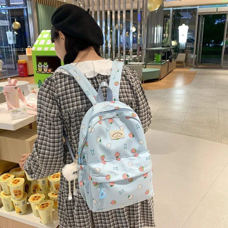 Strawberry Print Backpack Warterproof Nylon Women Anti-theft Shoulder Bag Large Capacity School Bag For Girls Travel Rucksack