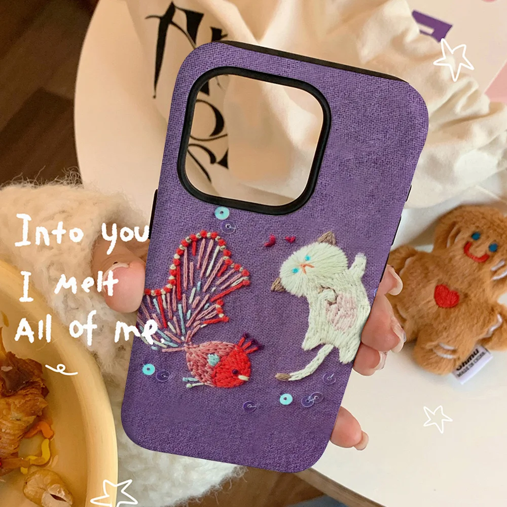 Purple Embroidered Wind Goldfish Cat Phone Case for IPHONE 16 15PRO MAX 14 13 12 11 Acrylic TPU Two in One Magnetic Phone Cases
