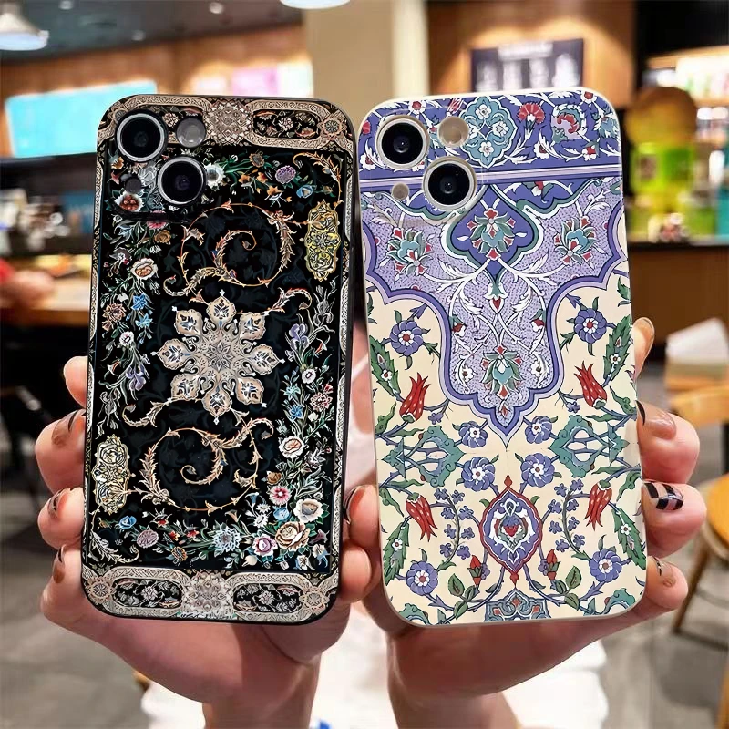 Persian Style Retro Abstract Flower Art Phone Case For iPhone 16 14 15 11 12 13 Pro Max XR X XS 7 8 Plus SE 2022 Soft Back Cover