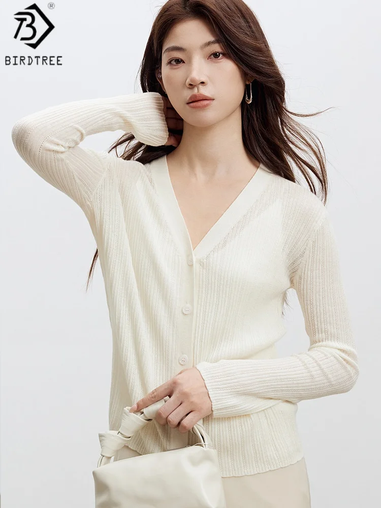 Birdtree 32.4% Sheep Wool 30.1% Acrylic Hollow Cardigan,Woman V-neck Autumn Full Sleeve Single Breasted Knit Coat Top T58510JF