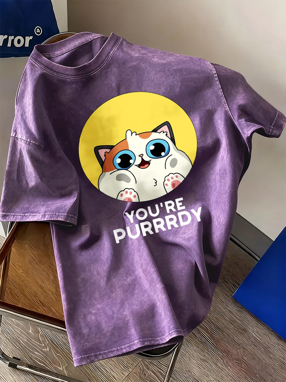 

You'Re Purrrdy, стираные футболки с милым кошачьим принтом, женская хлопковая футболка большого размера, повседневные топы с короткими рукавами, летняя одежда с круглым вырезом