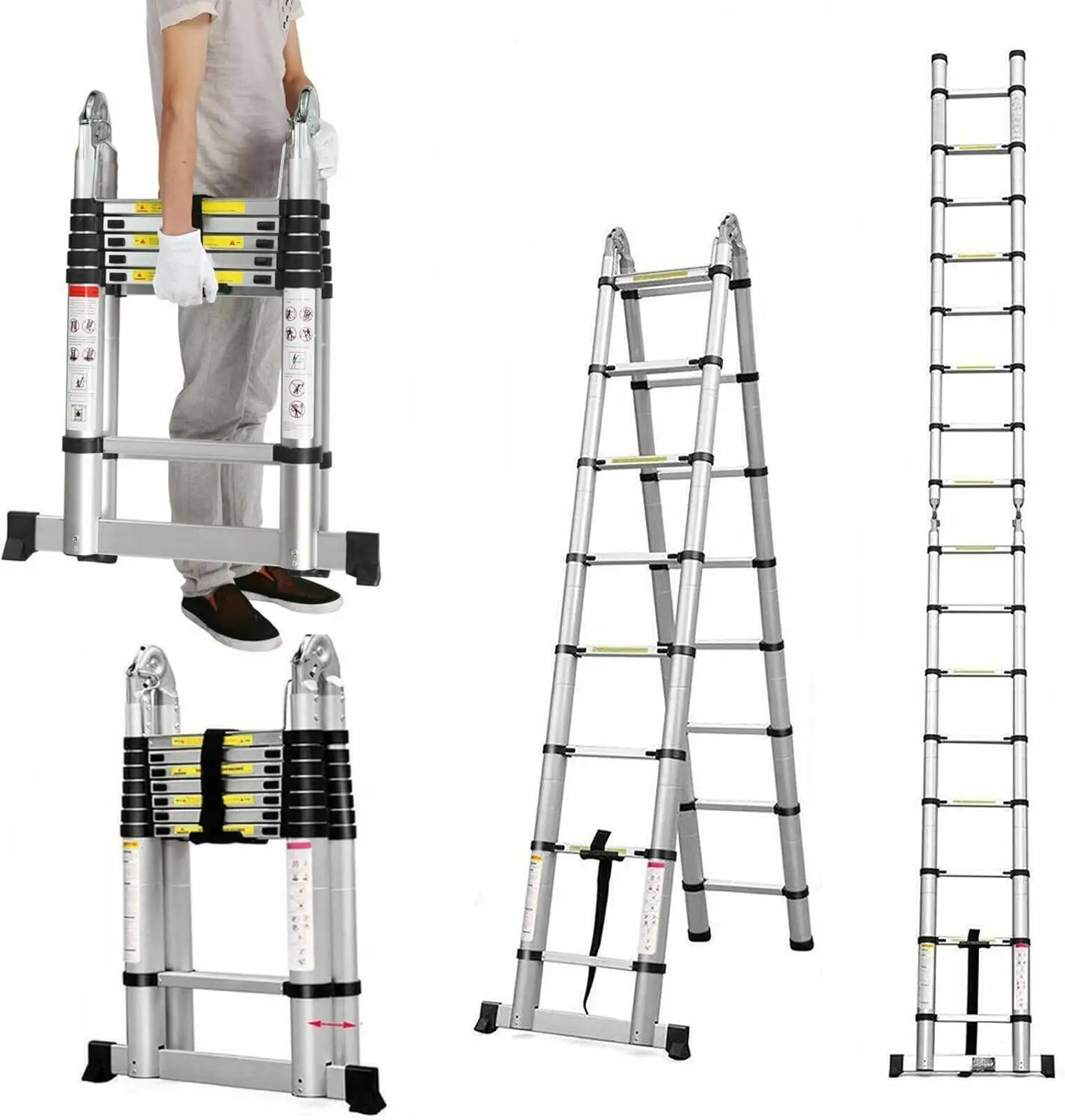 Aluminum Telescoping Extension Ladder 330lbs Capacity Type A Lightweight Portable Multi-Purpose Folding with Support Bar