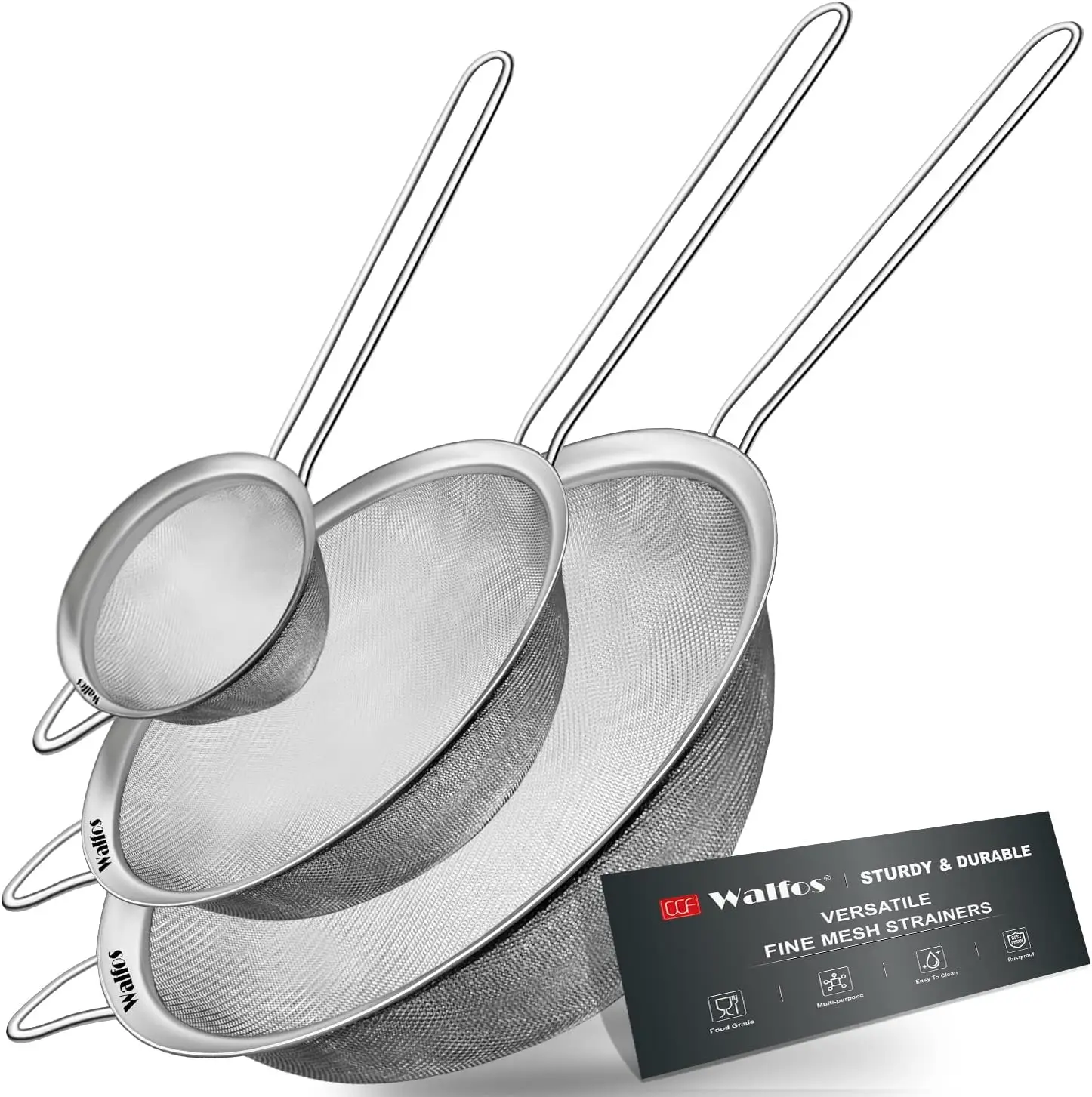 Fine Mesh Strainer Set of 3, Stainless Steel Kitchen Sieves with Handle, Multipurpose for Food, Rice, Quinoa (2.7", 4.6", 7")