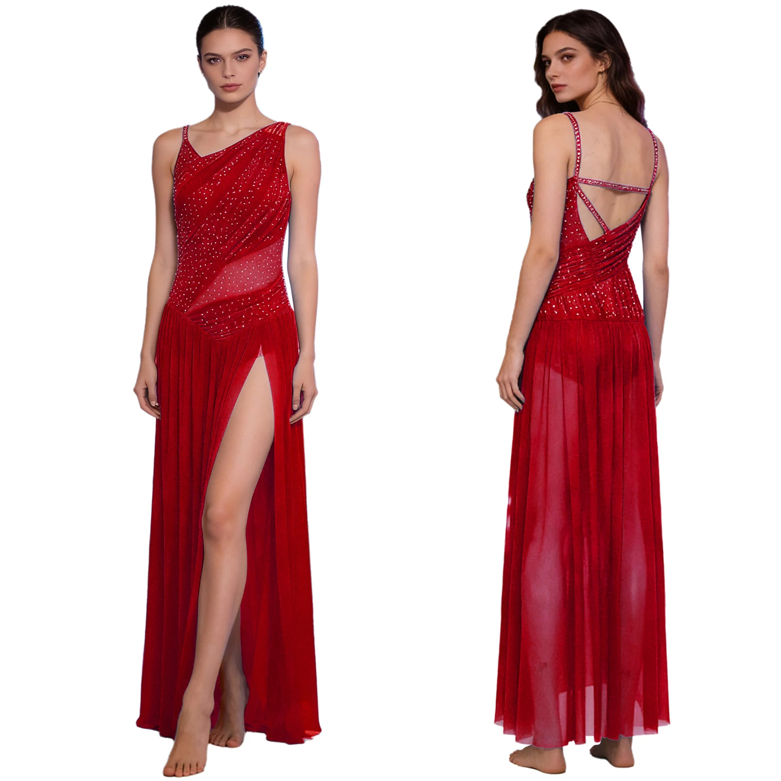 

Женское платье для лирического танца, современная танцевальная одежда, блестящие стразы, с открытой спиной, на бретелях, с разрезом, сетчатый подол, длинное платье, балетный купальник