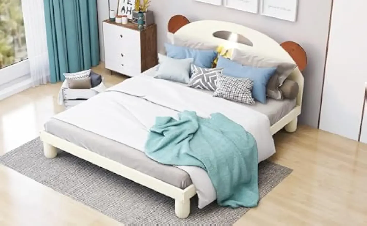 Cama de plataforma de tamaño completo con cabecera y LED en forma de orejas de oso, para dormitorio de niños, adolescentes y adultos, estructura de cama con barandilla de seguridad,