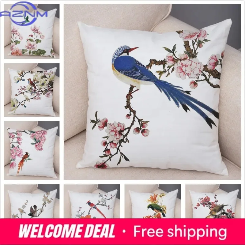 Super Soft Soft Plush Watercolor Lovely Birds Flower Robin Tit Finch Goldfinch Sparrow Berries Tufted Cushion Cover Pillow Case