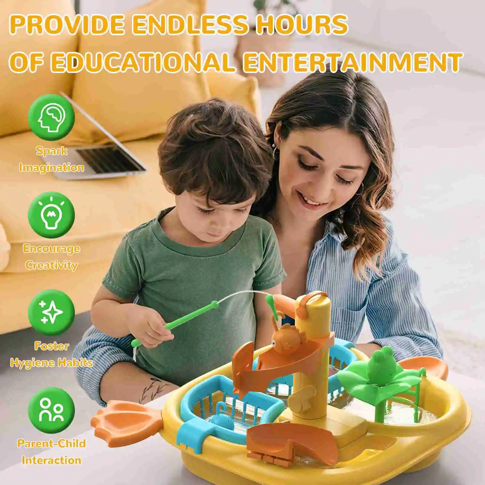 Lavello da gioco con acqua corrente Taglio cibo 2 in 1 Gioco di ruolo Lavello da cucina Giocattoli Piscina Gioco di pesca galleggiante per i più piccoli Bambini Giallo