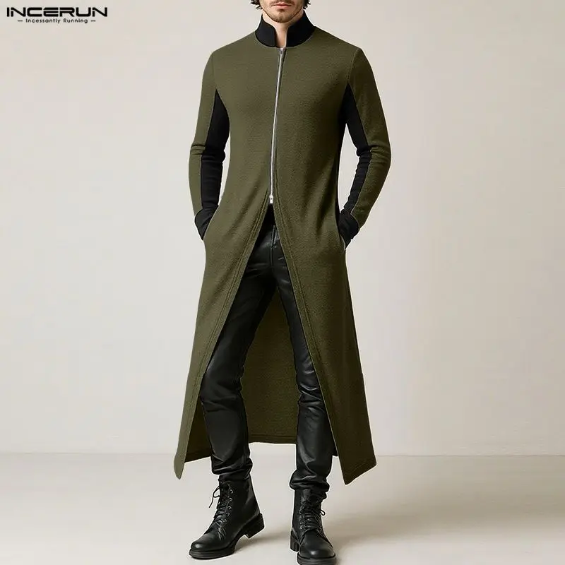 INCERUN الرجال نمط طويل خندق المرقعة الوقوف طوق كم طويل الذكور رقيقة معاطف الشارع الشهير سترة سستة ملابس خارجية الموضة #1