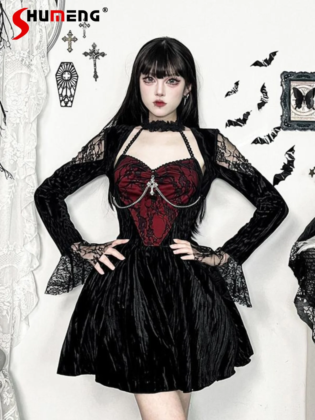 

Subculture Goth Halloween Cosplay Clothes Lace Stitching Halter Neck Dress Dark Lolita High Waist Slim Short Dress Women Autumn