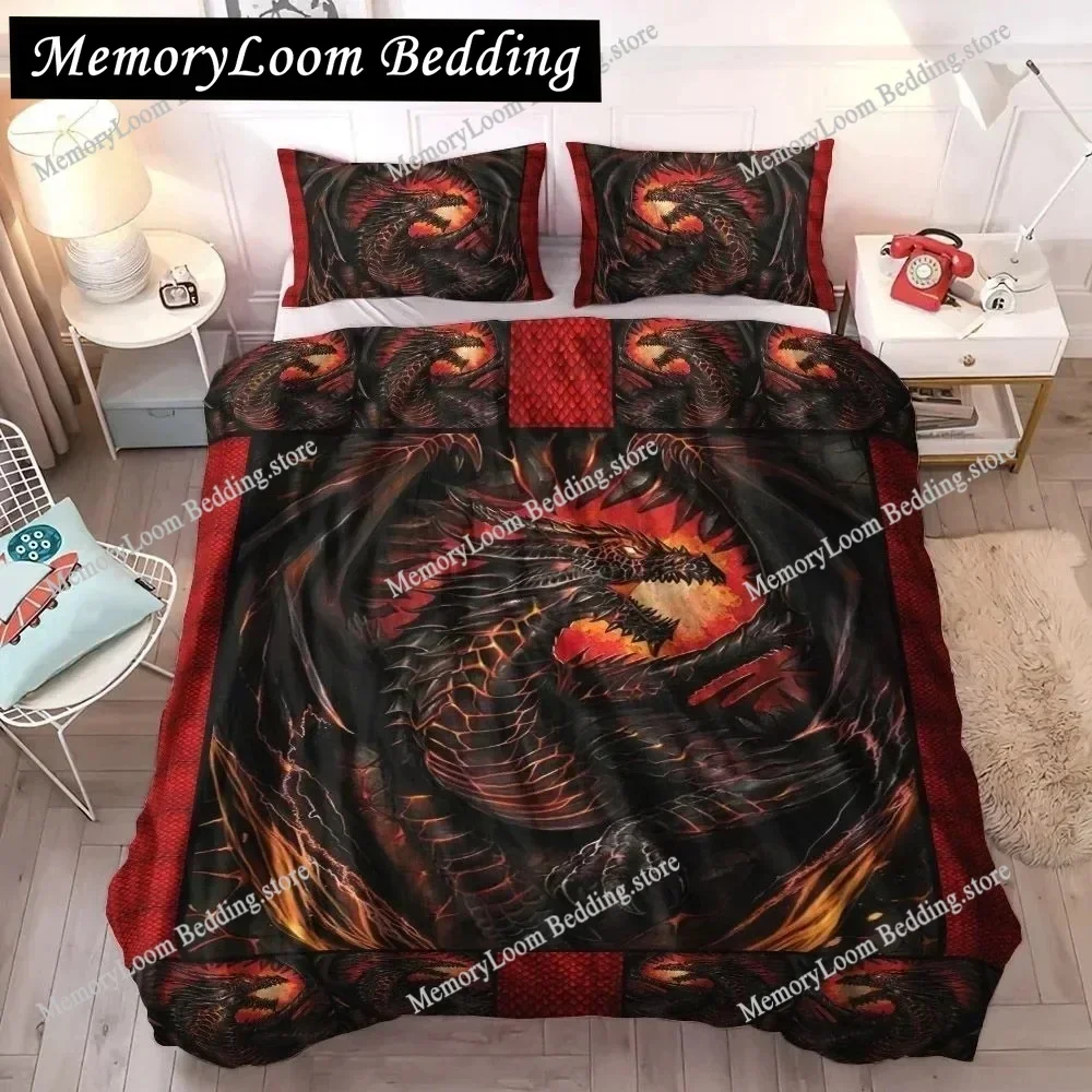 Dragon and Phoenix Duvet Cover Set, Fantasy World Monster Gothic Bedding Sets Polyester Comforter Quilt Cover