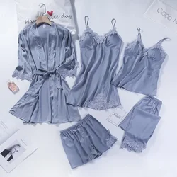 Conjunto de pijama Sexy de satén para mujer, ropa de dormir de encaje para boda, camisón y bata de satén para el hogar, 5 uds.