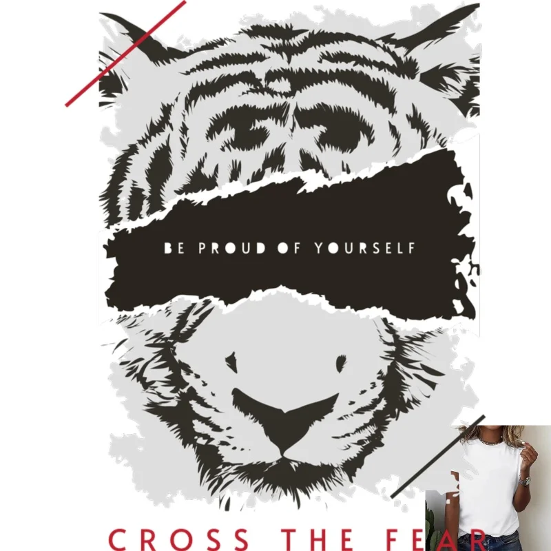Street - Style Tiger Print Heat - Transfer White Ink Iron - on Design, with Personalized English Slogan, Suitable for T -