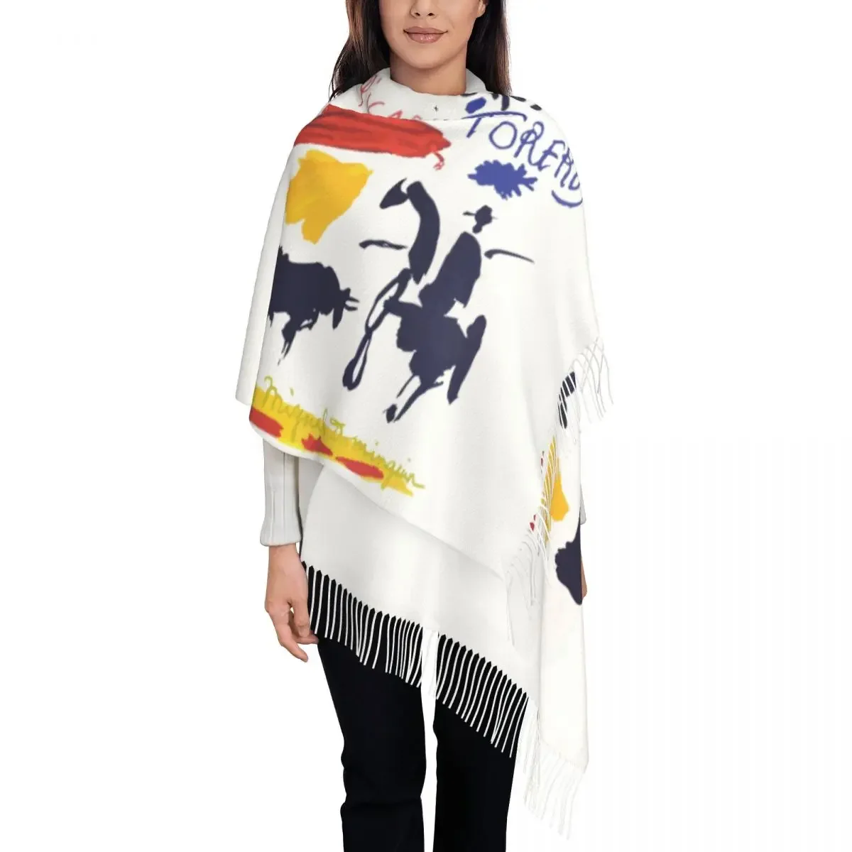 Toros Y Toreros Tassel Scarf Women Soft Pablo Picasso Bulls and Bullfighters Shawls Wraps Lady Winter Fall Scarves