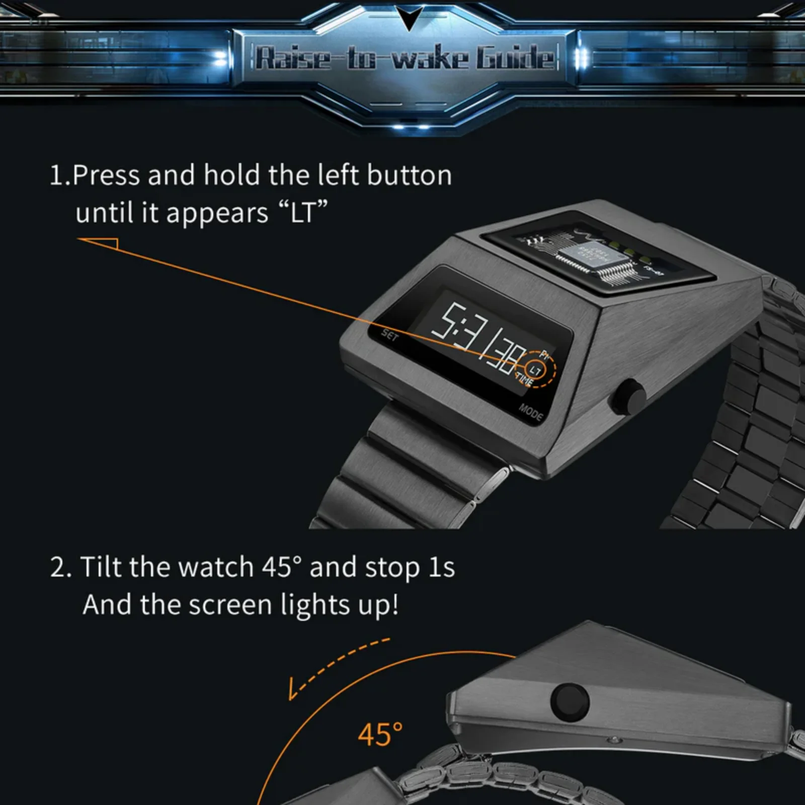 BENLYDESIGN Computron Men\'s  Watch with OLED Display Lift to Wake Feature Stainless Steel Band Cyberpunk Style S3000-C