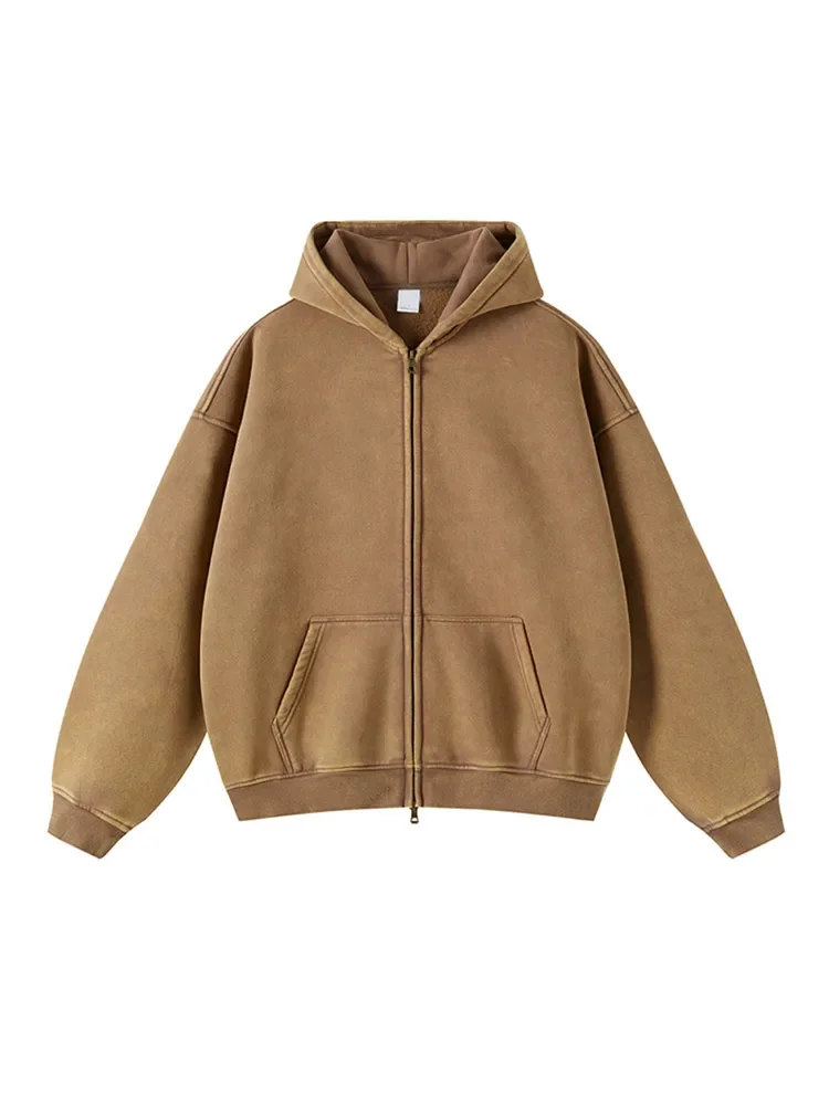 

Solid Retro Harajuku Loose Hoodie Men's Oversize Fashion High Street Solid Wash Plush Autumn Winter Unisex Zipper Sweatshirt