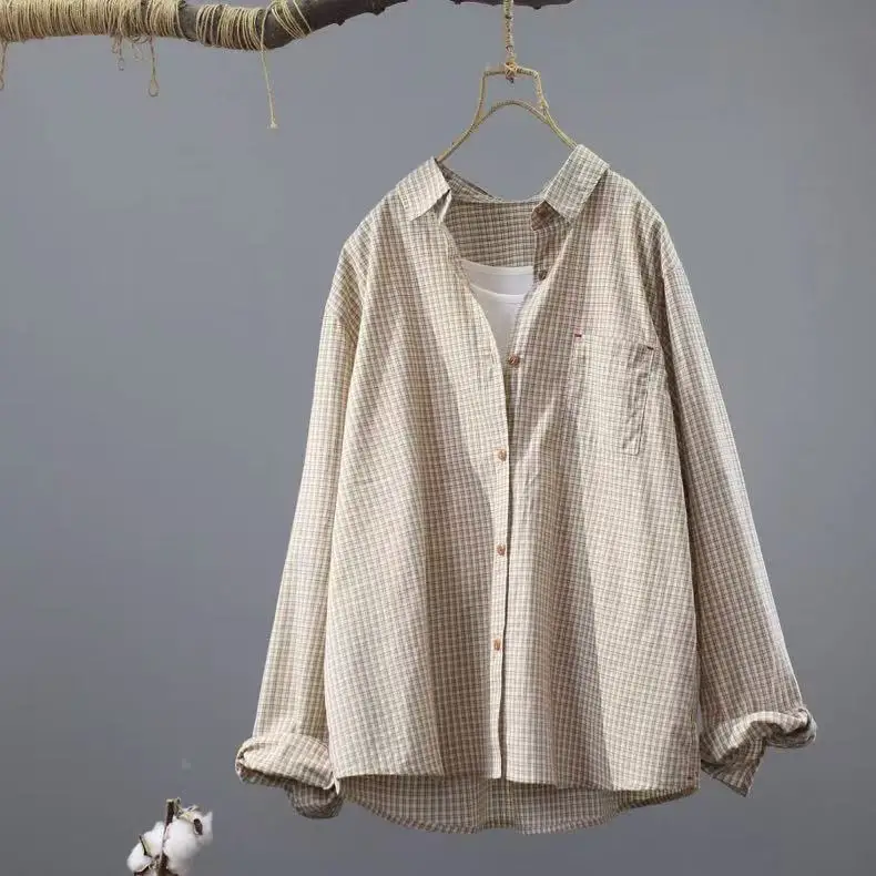 

2026 Vintage clothing Japanese style 100% cotton women's plaid shirt casual checkered tops summer women's clothing