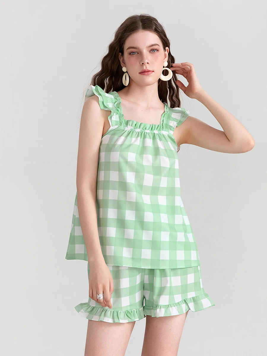 

New Fashion Women Summer Shorts Outfits Stripe Plaid Ruffles Straps Sleeveless Tank Tops And Shorts 2 Pieces Clothes Set S-XL