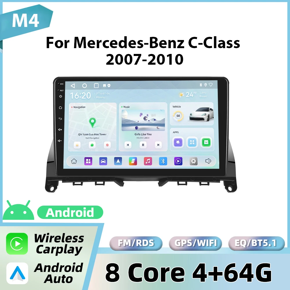 Podofo draadloze CarPlay voor Apple voor Mercedes-Benz C-Klasse W204 S204 2007-2010 Android Auto autoradio GPS FM/RDS stereo WiFi BT